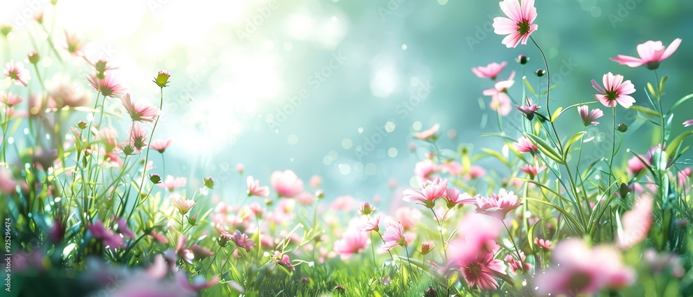 Beautiful meadow with pink flowers in full bloom under soft sunlight, creating a serene and tranquil natural landscape in springtime. Beautiful meadow with pink flowers in full bloom under soft sunlight, creating a serene and tranquil natural landscape in springtime.