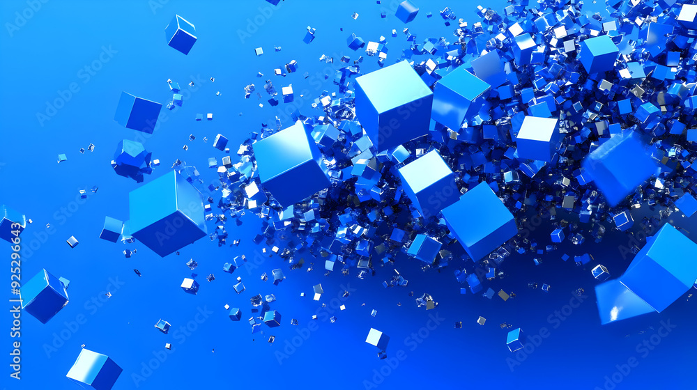 A dynamic arrangement of blue cubes and fragments, creating a vibrant abstract composition. A dynamic arrangement of blue cubes and fragments, creating a vibrant abstract composition.