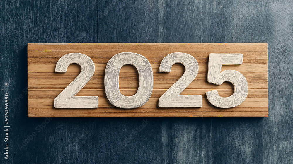 Fototapeta premium A wooden plaque shows the year 2025, highlighting future events and celebrations