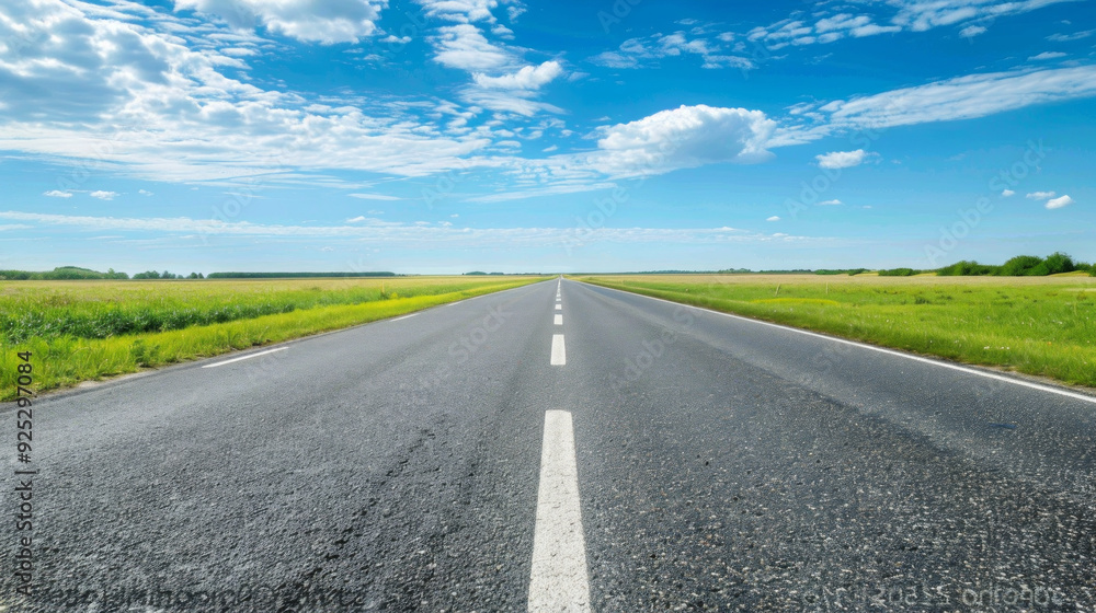 Beautiful scenic landscape of an empty open road under a bright blue sky with fluffy clouds. Concept of adventure, road trip, freedom, travel, journey Beautiful scenic landscape of an empty open road under a bright blue sky with fluffy clouds. Concept of adventure, road trip, freedom, travel, journey
