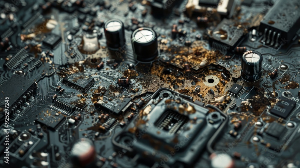 Closeup of a Damaged Circuit Board: A Glimpse into the Heart of Technology Closeup of a Damaged Circuit Board: A Glimpse into the Heart of Technology