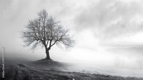 Solitary Tree Amidst the Eerie Mist photo