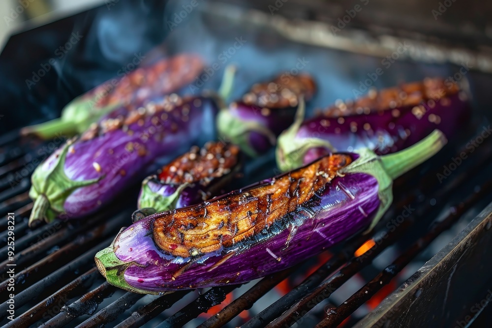 Purple eggplant sizzling on a hot charcoal grill, Purple eggplant sizzling on a hot grill Purple eggplant sizzling on a hot charcoal grill, Purple eggplant sizzling on a hot grill