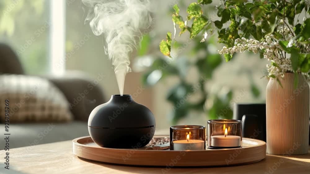Steam rises from a black diffuser while candles burn softly beside lush greenery in a warm and inviting living room. Steam rises from a black diffuser while candles burn softly beside lush greenery in a warm and inviting living room.