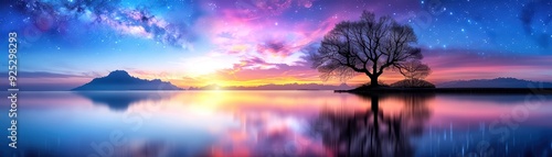 Stunning landscape of a lone tree on a small island, mirrored in calm water under a vibrant sunset and starry sky.