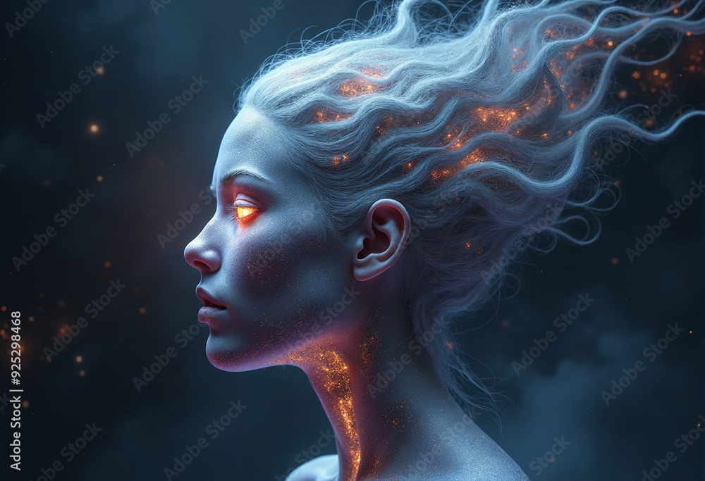 Ethereal head of a galactic deity floating in space, her eyes are formed from nebulae and starlight Ethereal head of a galactic deity floating in space, her eyes are formed from nebulae and starlight
