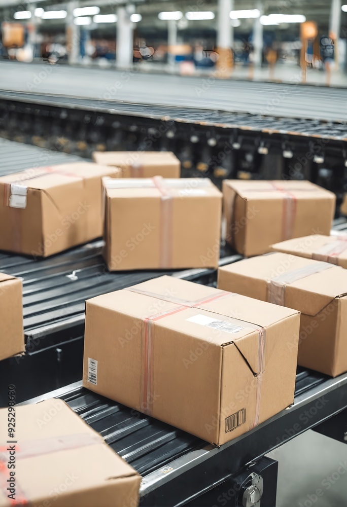 Cardboard boxes on conveyor belt in warehouse. Automatic production line Cardboard boxes on conveyor belt in warehouse. Automatic production line