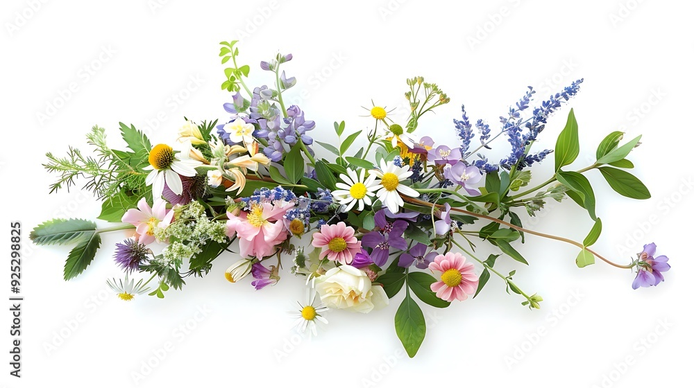 A delicate spring bouquet of assorted wildflowers set against a clean, white background. A delicate spring bouquet of assorted wildflowers set against a clean, white background.