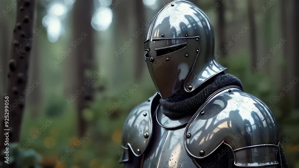 Shiny Medieval Knight Armor Standing in a Misty Forest Shiny Medieval Knight Armor Standing in a Misty Forest