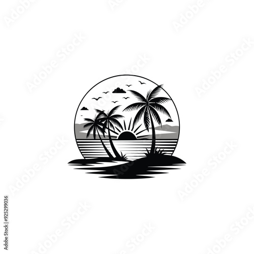 Sunset Minimalist and Simple silhouettes of palm trees Vector illustration, Minimalist and Flat Logo. tropical landscape Sunset black vector illustration.