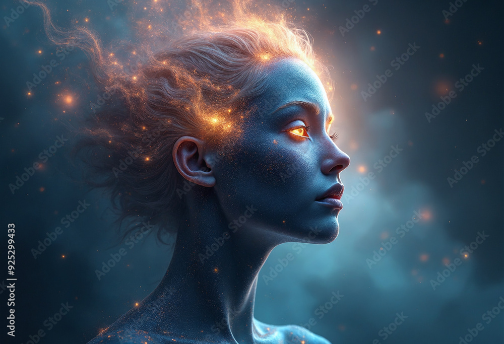 Ethereal head of a galactic deity floating in space, her eyes are formed from nebulae and starlight Ethereal head of a galactic deity floating in space, her eyes are formed from nebulae and starlight