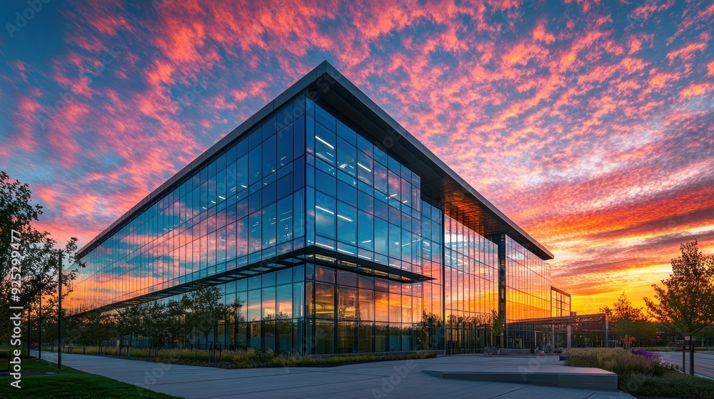 Obraz premium Modern Glass Building Reflecting Vibrant Sunset Sky
