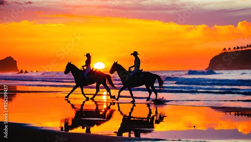 Horse riding on beach at sunset. Horseback rider take a stroll on sea. nature.