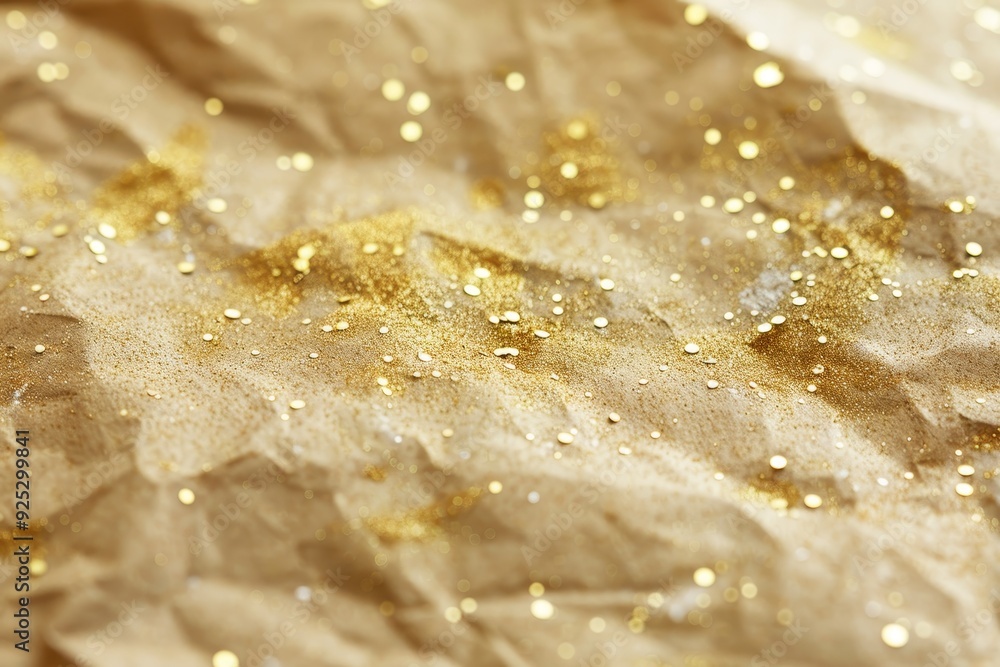 Piece of paper covered in radiant gold glitter specks, Radiant gold specks scattered on a soft, velvety backdrop Piece of paper covered in radiant gold glitter specks, Radiant gold specks scattered on a soft, velvety backdrop