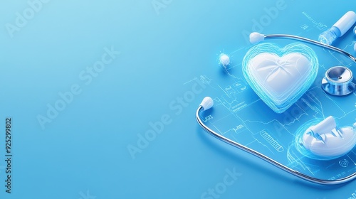 A modern healthcare concept featuring a stethoscope and heart symbol on a blue background, symbolizing wellness and medical innovation.