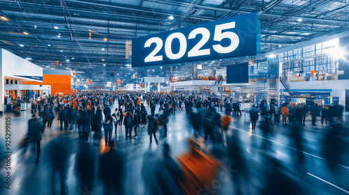 Visitors explore an expansive exhibition space bustling with activity, highlighted by a large banner displaying the year 2025 photo