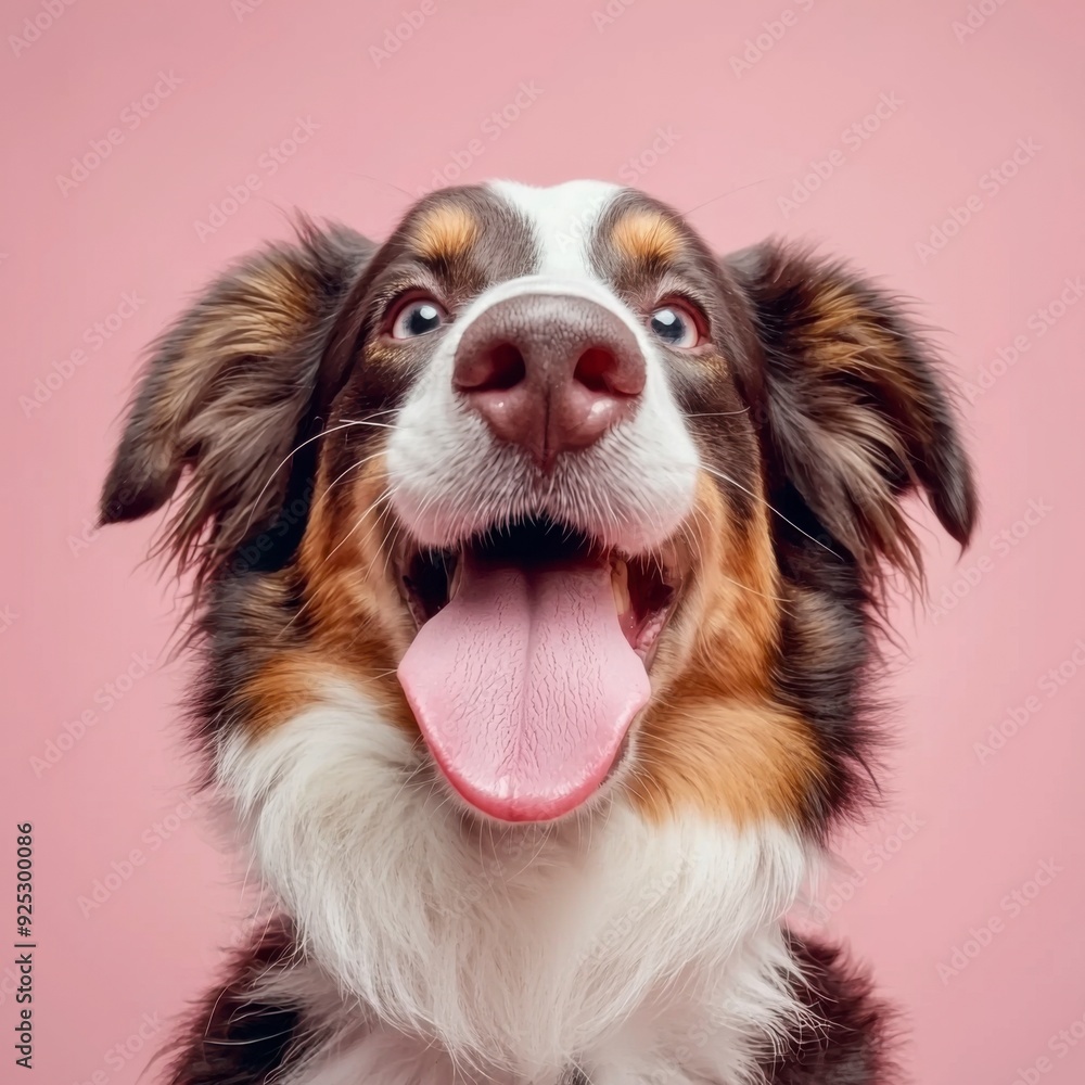 Funny and hungry Australian Shepherd licking his lips with his tongue on pink pastel background. Funny and hungry Australian Shepherd licking his lips with his tongue on pink pastel background.