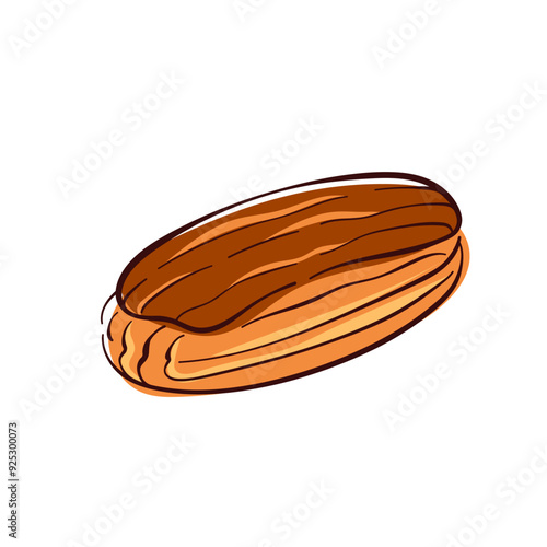 Eclair with chocolate cream in flat style. French bakery design element for food menu. Vector illustration isolated on a white background.