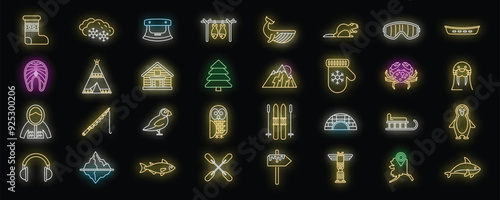 Set of bright neon icons depicting activities, wildlife, and culture associated with arctic exploration and inuit life