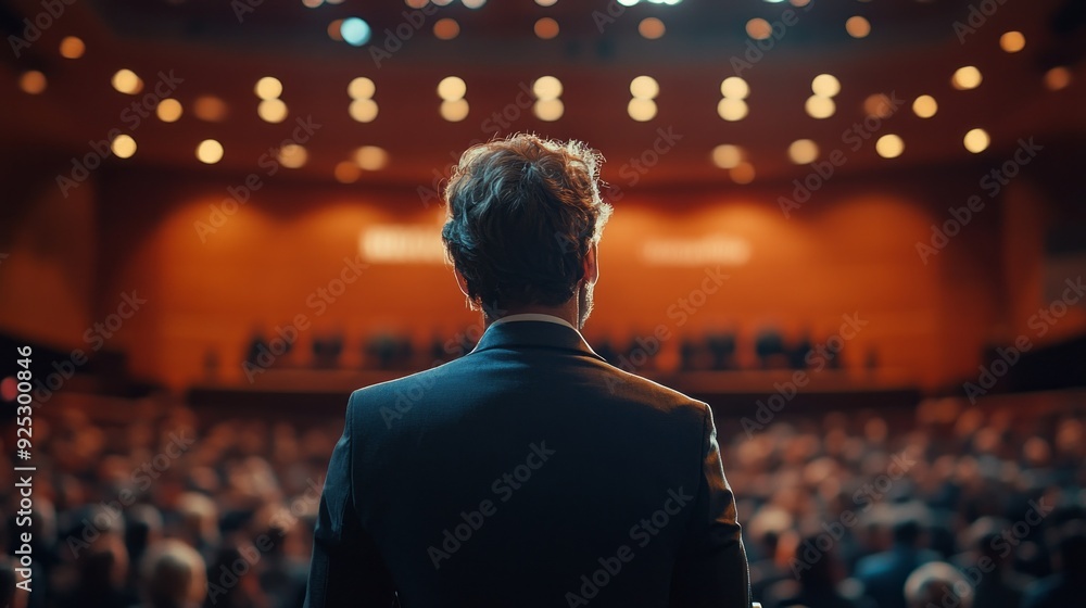 A confident speaker stands before a captivated crowd, illuminated by warm lights in a bustling auditorium, creating an atmosphere of anticipation and engagement A confident speaker stands before a captivated crowd, illuminated by warm lights in a bustling auditorium, creating an atmosphere of anticipation and engagement