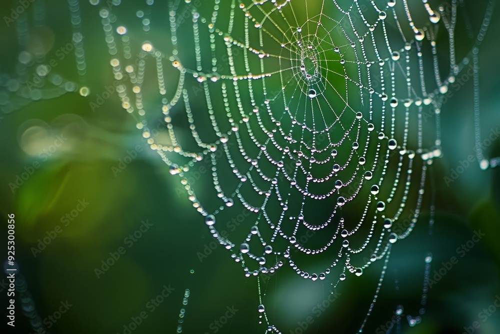 Close-up of spider web covered in raindrops, reflecting light like crystals, Raindrops like crystals on a spider's web Close-up of spider web covered in raindrops, reflecting light like crystals, Raindrops like crystals on a spider's web