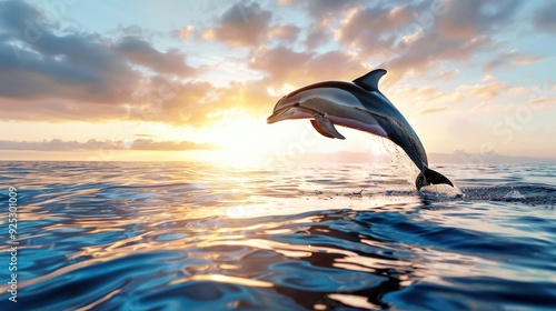 A dolphin leaps out of the ocean waters at sunset, creating a vibrant and breathtaking scene with the colorful sky and calm waves.