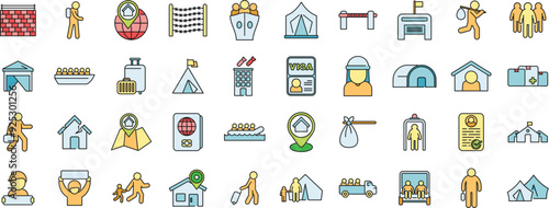 Set of linear icons about immigration, refugees, asylum seekers and illegal border crossing