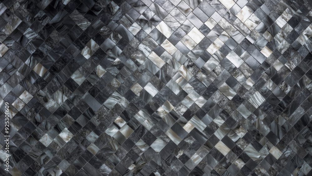 A decorative wall covered with unique black and gray mosaic tiles in a pattern A decorative wall covered with unique black and gray mosaic tiles in a pattern
