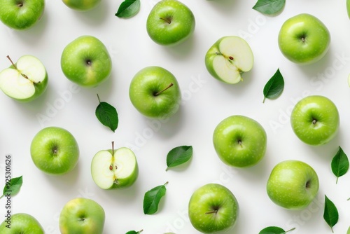 Wallpaper Mural Flat lay arrangement of green apples and leaves on a white surface. Seamless Pattern. AI generated images. Torontodigital.ca