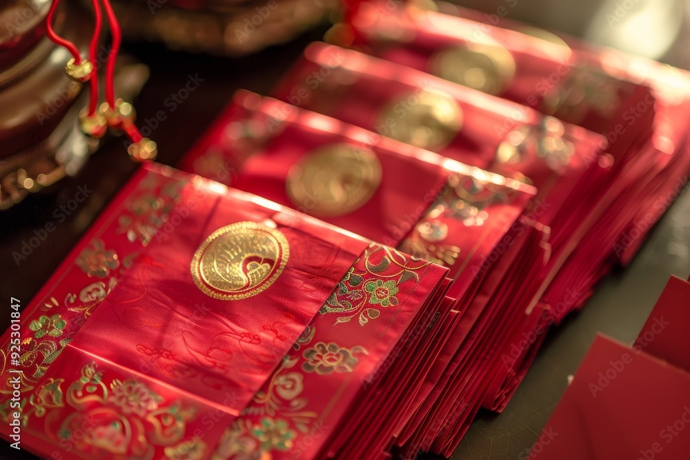 A table filled with numerous red envelopes symbolizing good luck and prosperity in traditional culture, Red envelopes filled with good luck A table filled with numerous red envelopes symbolizing good luck and prosperity in traditional culture, Red envelopes filled with good luck