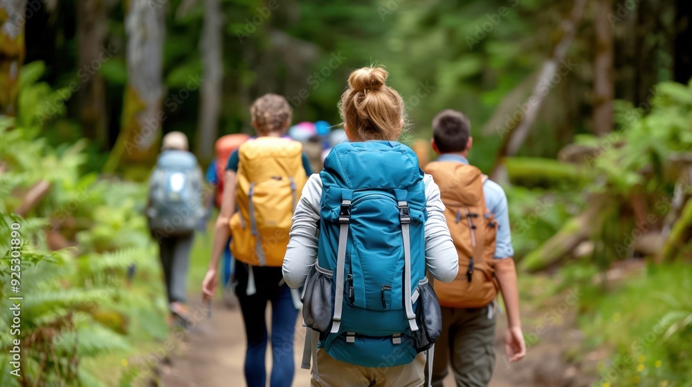 Group of hikers with backpacks walking through a lush, green forest trail during a daytime hike, enjoying outdoor adventure and nature. Group of hikers with backpacks walking through a lush, green forest trail during a daytime hike, enjoying outdoor adventure and nature.