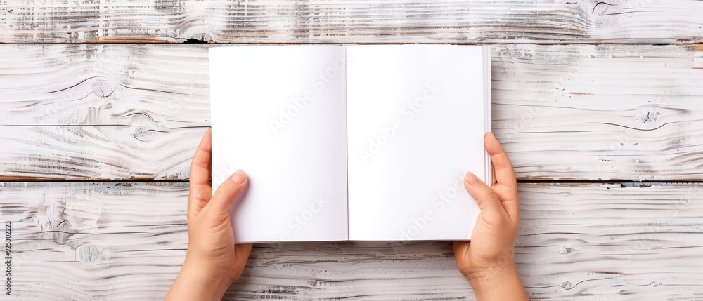 Hands holding an open blank book on a rustic wooden table, ideal for background or mockup for text, design elements or educational concepts. Hands holding an open blank book on a rustic wooden table, ideal for background or mockup for text, design elements or educational concepts.