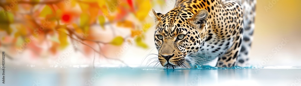 A majestic leopard drinking water beside colorful autumn leaves, beautifully blending nature and wildlife in vibrant harmony. A majestic leopard drinking water beside colorful autumn leaves, beautifully blending nature and wildlife in vibrant harmony.