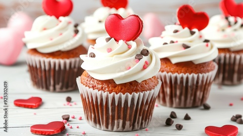 Delicious cupcakes with heart-shaped toppings, perfect for Valentine's Day celebrations or romantic occasions. Sweet, festive, and visually appealing.