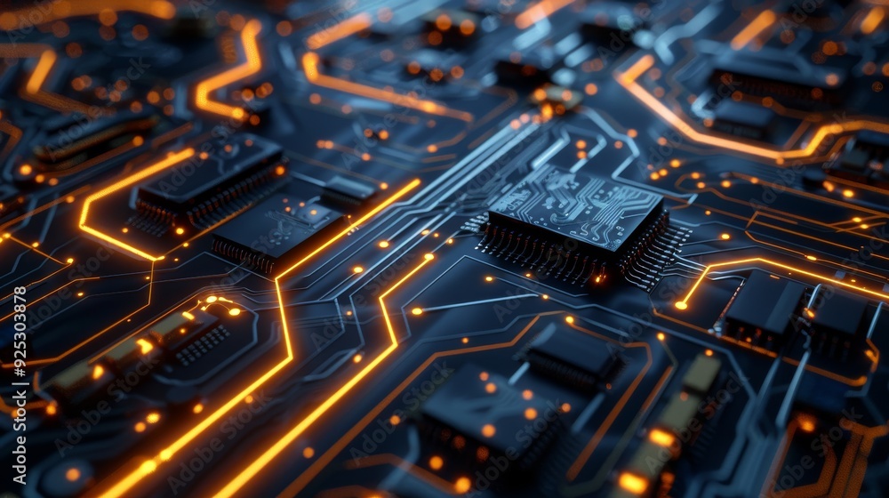 Close-Up of a Futuristic Circuit Board with Glowing Orange Wires Close-Up of a Futuristic Circuit Board with Glowing Orange Wires
