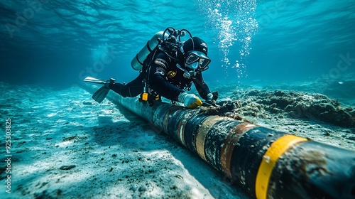 A commercial diver performing maintenance on an underwater pipeline, with tools in hand and clear visibility