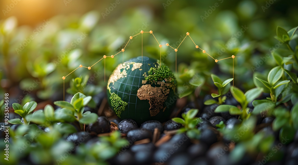 Green Earth Globe Illustration with Growing Chart and Green Leaves Green Earth Globe Illustration with Growing Chart and Green Leaves