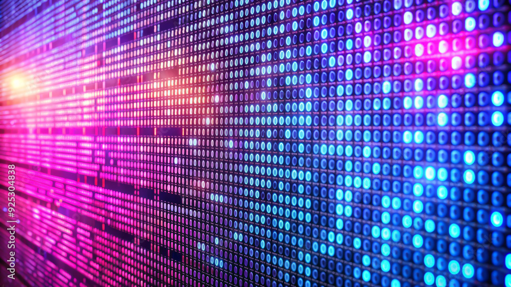 Bright close-up of a digital screen with dynamic blue and red lights representing data transfer or processing Bright close-up of a digital screen with dynamic blue and red lights representing data transfer or processing