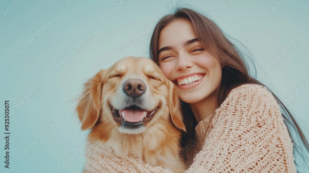 Happy Girl and Dog Smiling Against a Blue Background Happy Girl and Dog Smiling Against a Blue Background