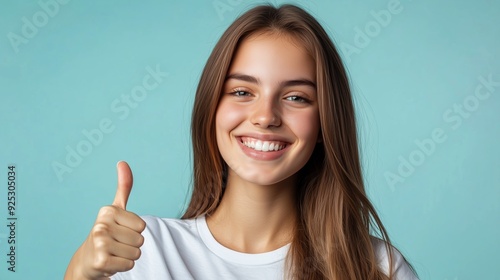 Smiling woman giving thumbs up with blue background