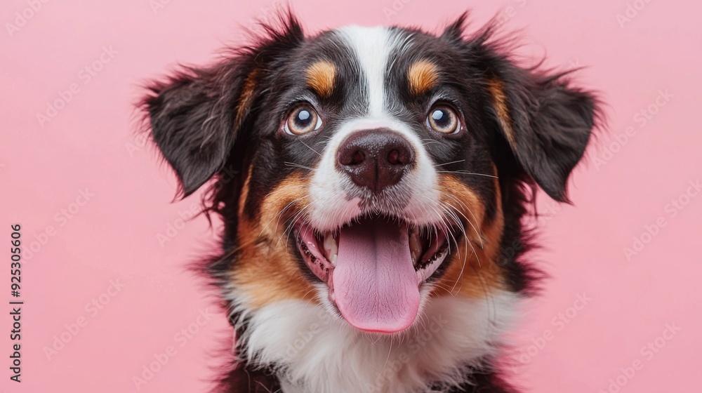 Funny and hungry Australian Shepherd licking his lips with his tongue on pink pastel background. Funny and hungry Australian Shepherd licking his lips with his tongue on pink pastel background.