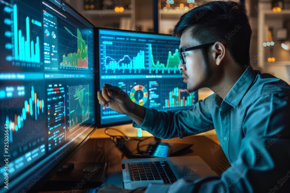 A man focused on analyzing data displayed on a computer screen, Reflect on the significance of analytics and data in guiding digital marketing strategies A man focused on analyzing data displayed on a computer screen, Reflect on the significance of analytics and data in guiding digital marketing strategies