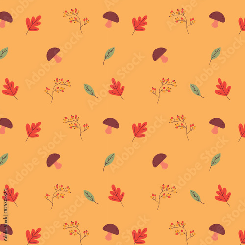 seamless pattern of autumn season with mushrooms, leaves and rowanberry 