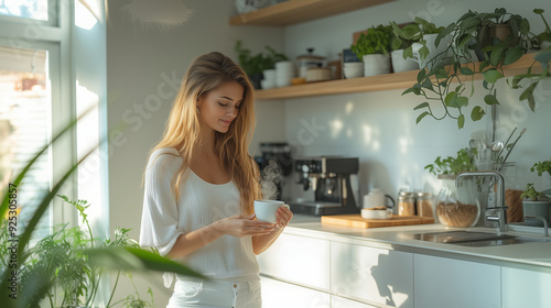 Minimalist Scandinavian kitchen with a woman brewing coffee. White surfaces and natural light create a calm, modern atmosphere.




