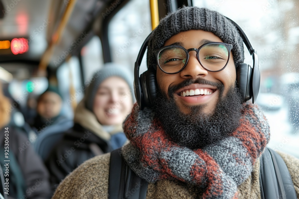 Happy Man on Public Transportation Wearing Headphones Happy Man on Public Transportation Wearing Headphones