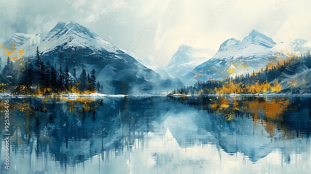 Naklejka premium A large Swedish flag, featuring blue and yellow stripes, gently waving in watercolor style against a light background that subtly hints at the Nordic landscape,