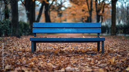 Create 5 prompts for stock photos related to A blue bench sits in a park with autumn leaves on the ground with 100-200 characters and ending with