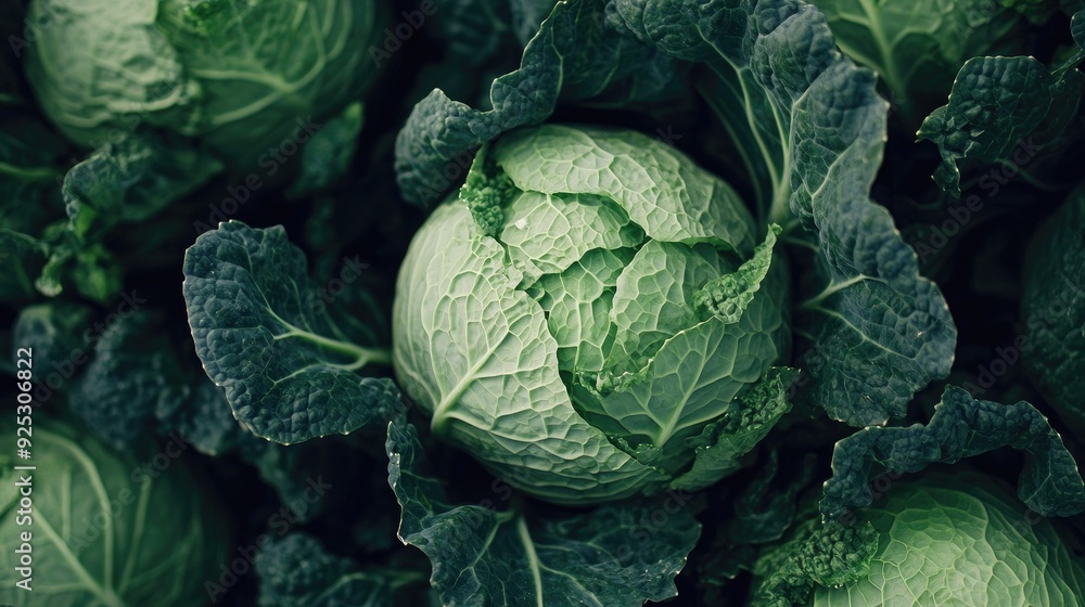Fototapeta premium Create 5 prompts for stock photos related to A bunch of green cabbage with a few leaves missing with 100-200 characters and ending with