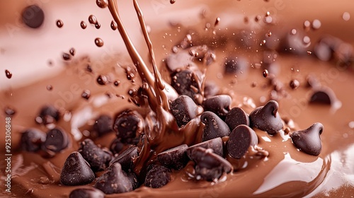 Create 5 prompts for stock photos related to A chocolate splash with chocolate chips in it with 100-200 characters and ending with photo