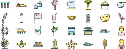 This colorful icon set features various aspects of singapore, including its famous landmarks, delicious cuisine, and unique culture